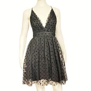 Blashe Black Polka Dot Tulle Mini Party Dress Women Large L Deep V Neck HOCO